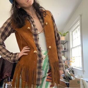 Vintage suede leather vest brown tan fringe cowboy cowgirl chain M L